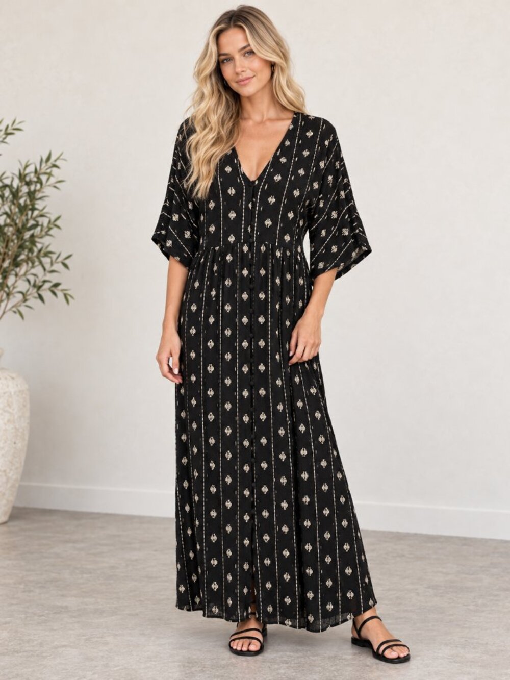 Black Maxi Dress Embroidered Beach Vacation Resortwear Cruise Boho Large